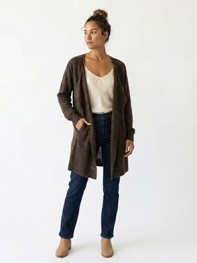BENSIMON Alpaca Mohair Blend Open Front Cardigan | Brown Longline Duster Medium